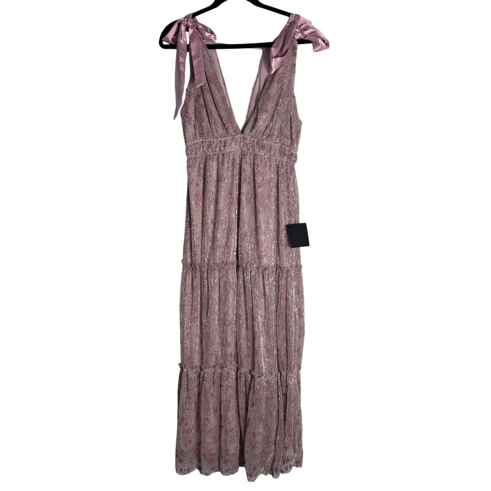 Lulus Metallic Coquette Fairycore Floral  Tiered Maxi Dress Satin Tie Straps M
